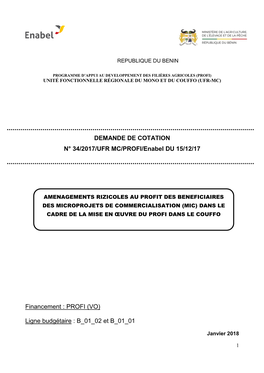 DEMANDE DE COTATION N° 34/2017/UFR MC/PROFI/Enabel DU 15/12/17