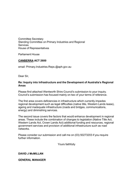 Wentworth Shire Council’S Submission to Your Inquiry