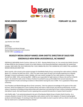 Beasley Media Group Names John Sheftic Director of Sales for Greenville-New Bern-Jacksonville, Nc Market