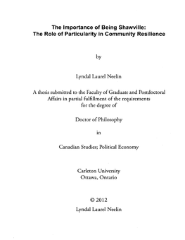 The Importance of Being Shawville: the Role of Particularity in Community Resilience