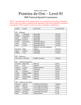 Level 01 2008 National Spanish Examination