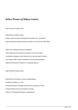 Select Poems of Sidney Lanier</H1>