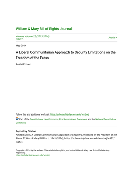 A Liberal Communitarian Approach to Security Limitations on the Freedom of the Press