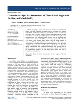 Groundwater Quality Assessment of Three Zonal Regions in the Sunyani Municipality