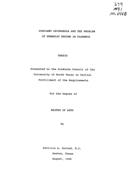 Girolamo Savonarola and the Problem of Humanist