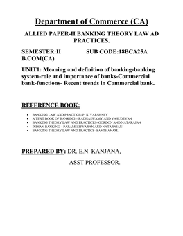 Department of Commerce (CA) ALLIED PAPER-II BANKING THEORY LAW AD PRACTICES