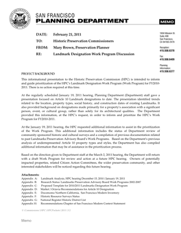 February 21, 2011 TO: Historic Preservation Commissioners FROM: Mary Brown, Preservation Planner RE: Landmark Designation Work Program Discussion