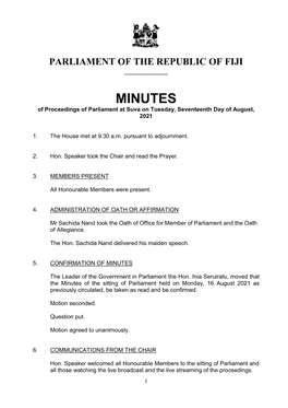 MINUTES of Proceedings of Parliament at Suva on Tuesday, Seventeenth Day of August, 2021