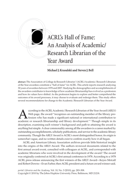 ACRL's Hall of Fame: an Analysis of Academic/ Research Librarian Of