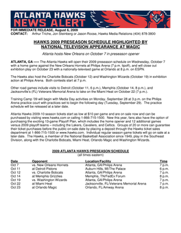 Hawks 2009 Preseason Schedule Highlighted by National Television Appearance at Magic