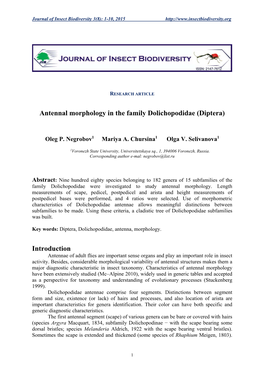 Antennal Morphology in the Family Dolichopodidae (Diptera) Introduction