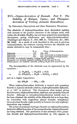 XVL-Organo-Derivatives of Bismuth. Part V. the Stability of Halogen, Cyano-, and Thiocyano- Derivatives of Tertiary Aromatic Bismuthines