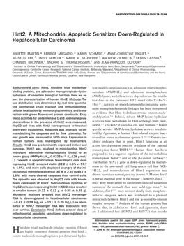 Hint2, a Mitochondrial Apoptotic Sensitizer Down-Regulated in Hepatocellular Carcinoma