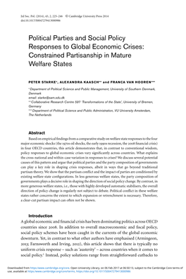 Political Parties and Social Policy Responses to Global Economic Crises: Constrained Partisanship in Mature Welfare States