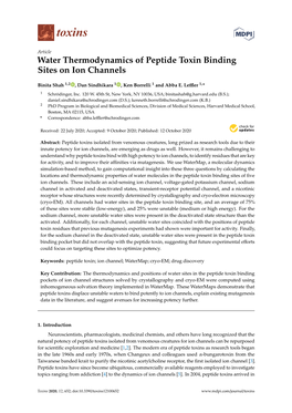 Water Thermodynamics of Peptide Toxin Binding Sites on Ion Channels