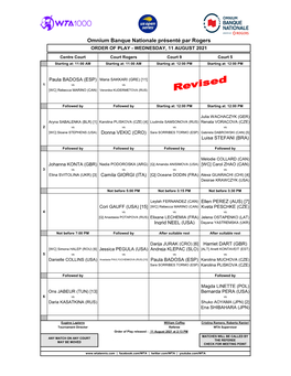 Omnium Banque Nationale Présenté Par Rogers ORDER of PLAY - WEDNESDAY, 11 AUGUST 2021