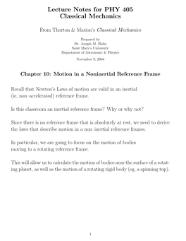 Chapter 10: Motion in a Noninertial Reference Frame