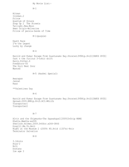 My Movie List:- M-1 Hitman Ironman.2 Prince Quantum of Solace Step up 2 the Streets Twilight.New.Moon Xmen Origin-Wolverine