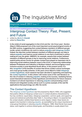 Intergroup Contact Theory: Past, Present, and Future  Written by Jim A