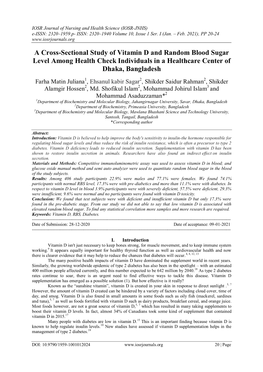 A Cross-Sectional Study of Vitamin D and Random Blood Sugar Level Among Health Check Individuals in a Healthcare Center of Dhaka, Bangladesh