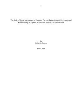 The Role of Local Institutions in Ensuring Poverty Reduction and Environmental Sustainability in Uganda’S Natural Resource Decentralization