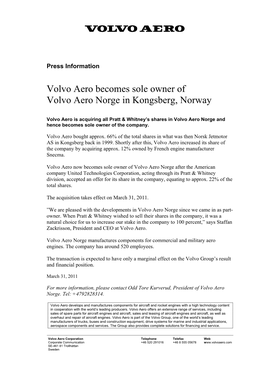 Volvo Aero Becomes Sole Owner of Volvo Aero Norge in Kongsberg, Norway