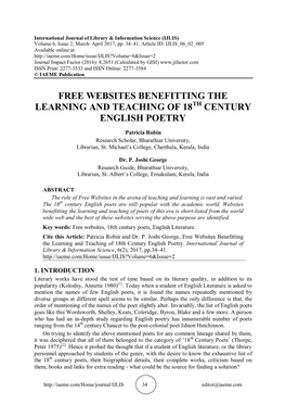 Free Websites Benefitting the Learning and Teaching of 18 Century English Poetry