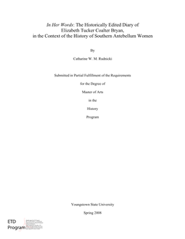 The Historically Edited Diary of Elizabeth Tucker Coalter Bryan, in the Context of the History of Southern Antebellum Women