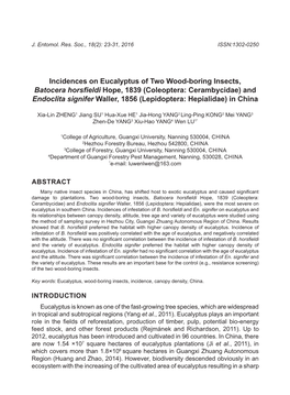 Incidences on Eucalyptus of Two Wood-Boring Insects, Batocera Horsfieldi Hope, 1839