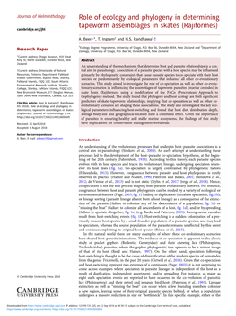 Role of Ecology and Phylogeny in Determining Tapeworm Assemblages in Skates (Rajiformes) Cambridge.Org/Jhl