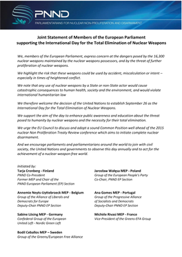 Joint Statement of Members of the European Parliament Supporting the International Day for the Total Elimination of Nuclear Weapons