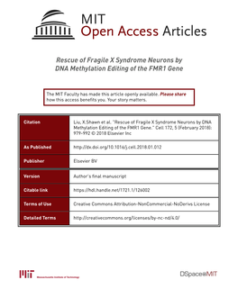 Rescue of Fragile X Syndrome Neurons by DNA Methylation Editing of the FMR1 Gene