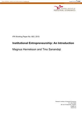Institutional Entrepreneurship: an Introduction