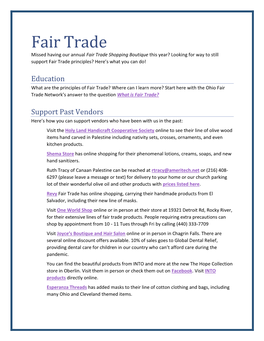 Fair Trade Missed Having Our Annual Fair Trade Shopping Boutique This Year? Looking for Way to Still Support Fair Trade Principles? Here’S What You Can Do!