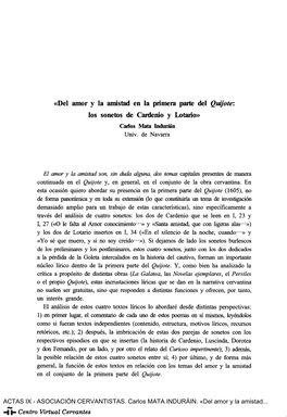 «Del Amor Y La Amistad En La Primera Parte Del Quijote: Los Sonetos De Cardenìo Y Lotario» Cailos Mata Indurata Univ