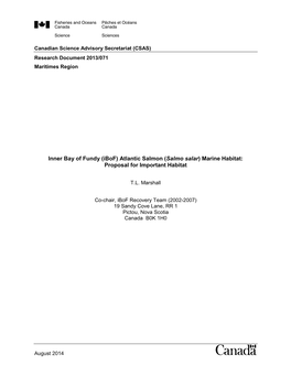 Inner Bay of Fundy (Ibof) Atlantic Salmon (Salmo Salar) Marine Habitat: Proposal for Important Habitat