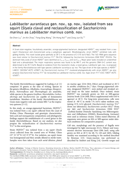 Labilibacter Aurantiacus Gen. Nov., Sp. Nov., Isolated from Sea Squirt (Styela Clava) and Reclassification of Saccharicrinis Marinus As Labilibacter Marinus Comb