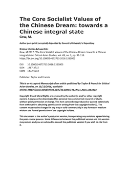 The Core Socialist Values of the Chinese Dream: Towards a Chinese Integral State Gow, M