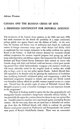 Canada and the Russian Crisis of 1878: a Proposed Contingent for Imperial Defence I