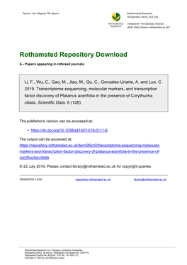 Transcriptome Sequencing, Molecular Markers, and Transcription Factor Discovery of Platanus Acerifolia in the Presence of Corythucha Ciliata
