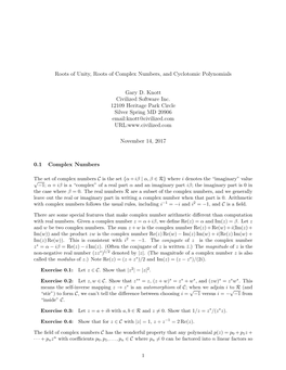 Roots of Unity, Roots of Complex Numbers, and Cyclotomic Polynomials