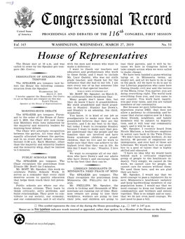 Congressional Record United States Th of America PROCEEDINGS and DEBATES of the 116 CONGRESS, FIRST SESSION