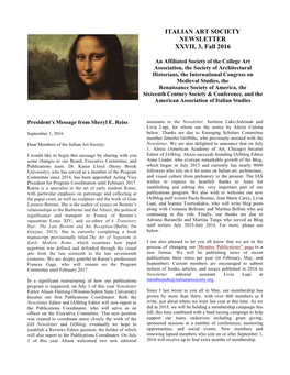 ITALIAN ART SOCIETY NEWSLETTER XXVII, 3, Fall 2016