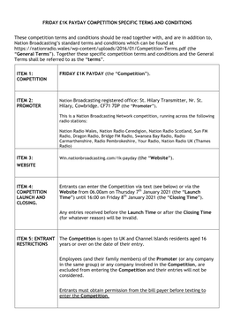 Friday £1K Payday Competition Specific Terms and Conditions