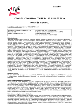 Conseil Communautaire Du 16 Juillet 2020 Procès Verbal