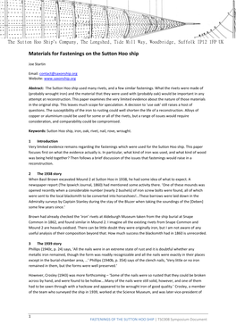 FASTENINGS of the SUTTON HOO SHIP | TSC008 Symposium Document the Sutton Hoo Ship’S Company, the Longshed, Tide Mill Way, Woodbridge, Suffolk IP12 1FP UK