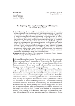 Miloš Ković the Beginning of the 1875 Serbian Uprising in Herzegovina the British Perspective It Is a Well Known Fact That