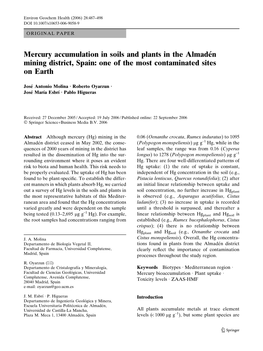 Mercury Accumulation in Soils and Plants in the Almade´N Mining District, Spain: One of the Most Contaminated Sites on Earth