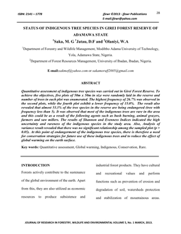 STATUS of INDIGENOUS TREE SPECIES in GIREI FOREST RESERVE of ADAMAWA STATE 1Saka, M