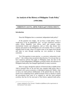 An Analysis of the History of Philippine Trade Policy* (1950-2004)